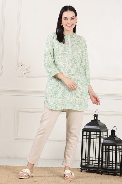 White Floral Printed Swiss Dot Straight Tunic