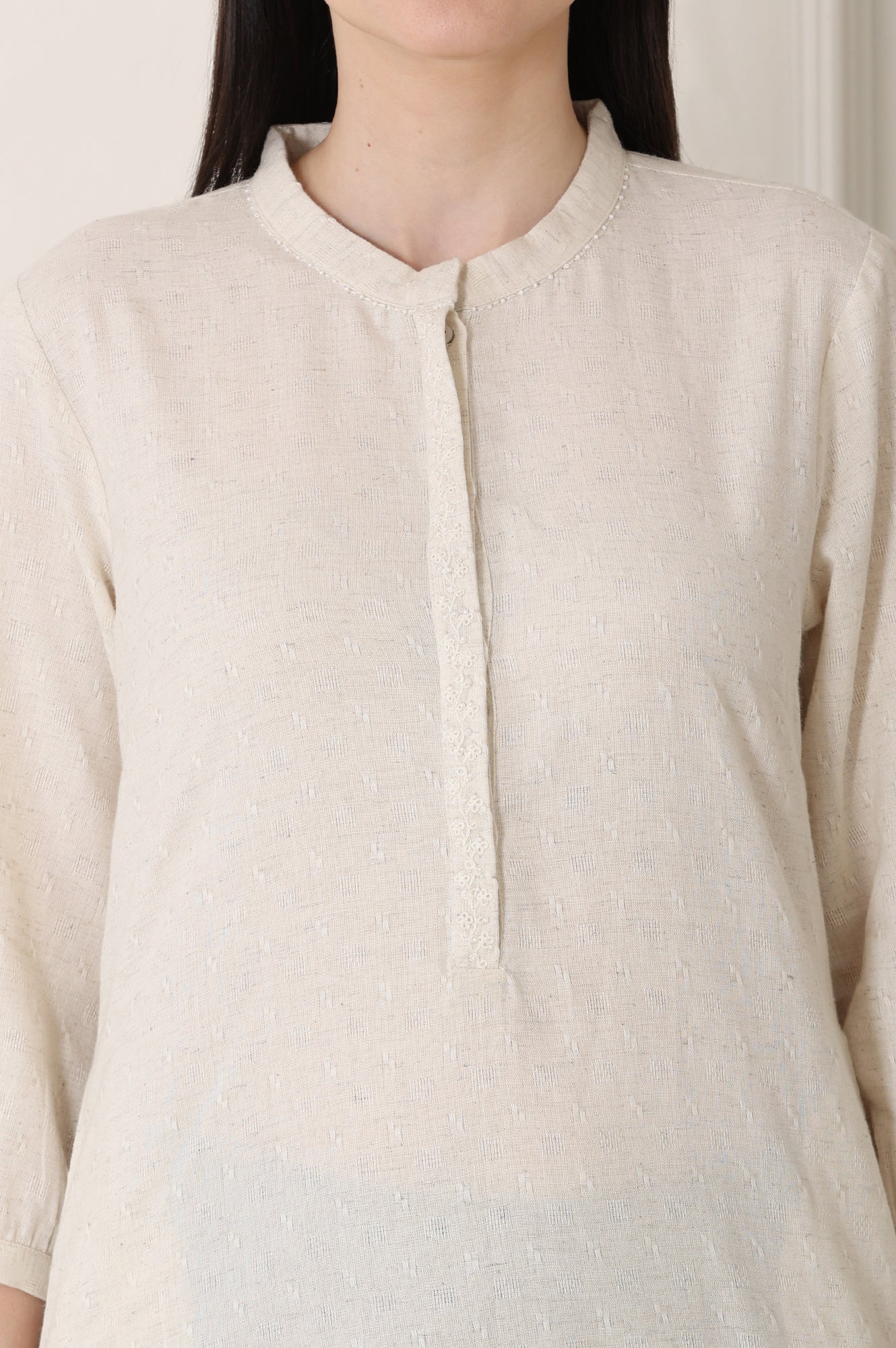 White Solid Textured Cotton Flax Mandarin Collar Tunic