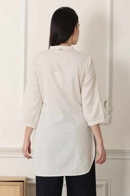 White Solid Textured Cotton Flax Mandarin Collar Tunic