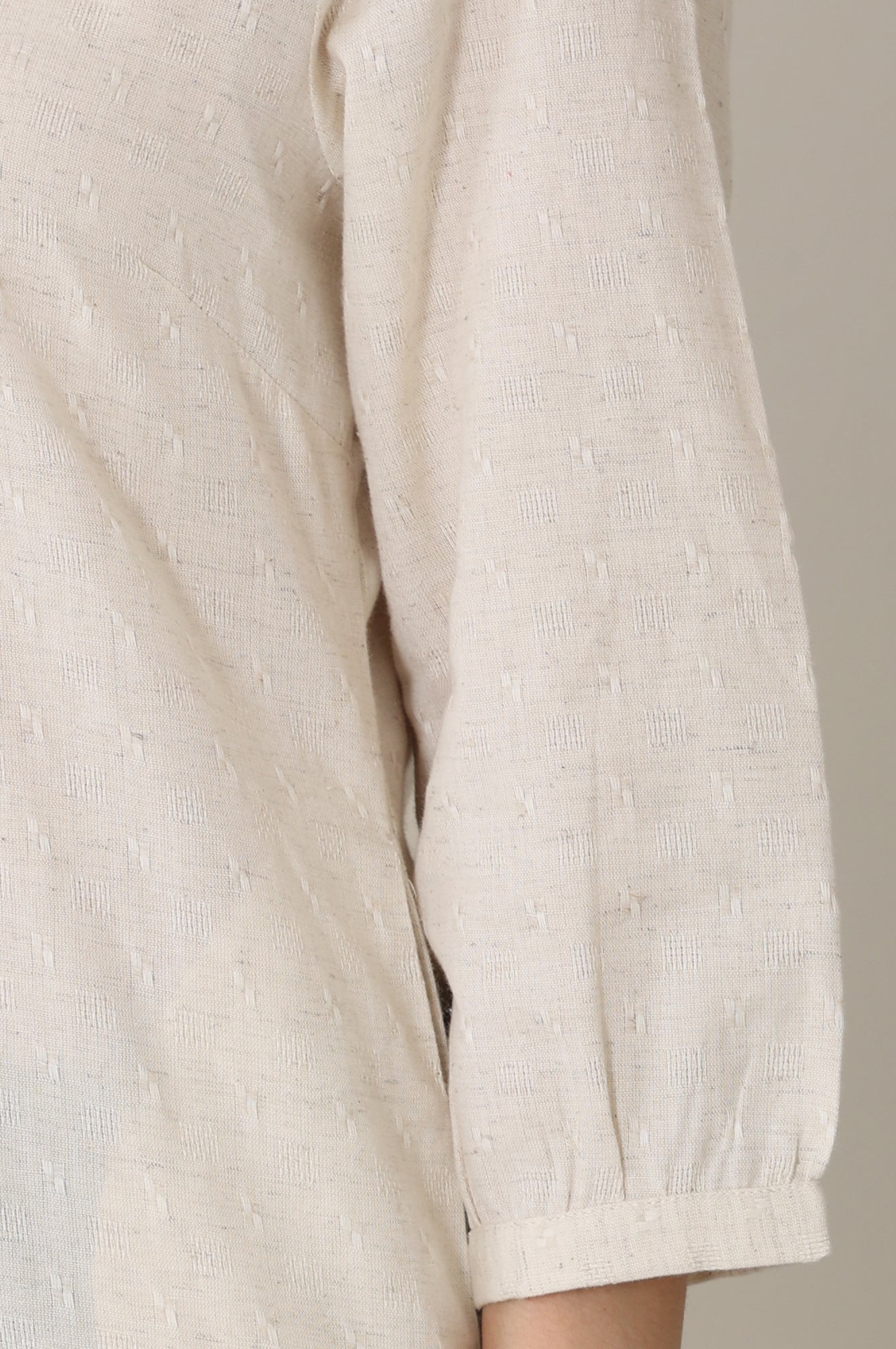 White Solid Textured Cotton Flax Mandarin Collar Tunic