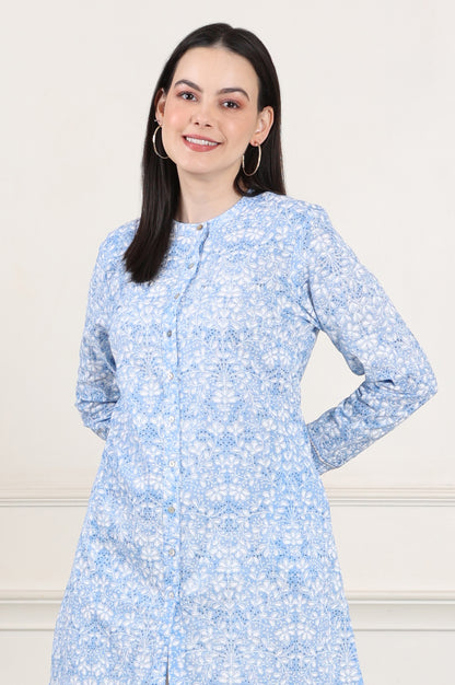 Blue Floral Printed Mandarin Collar Pure Cotton Tunic