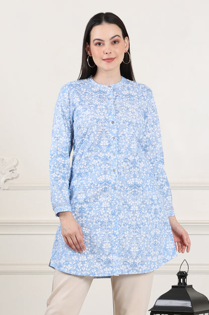 Blue Floral Printed Mandarin Collar Pure Cotton Tunic