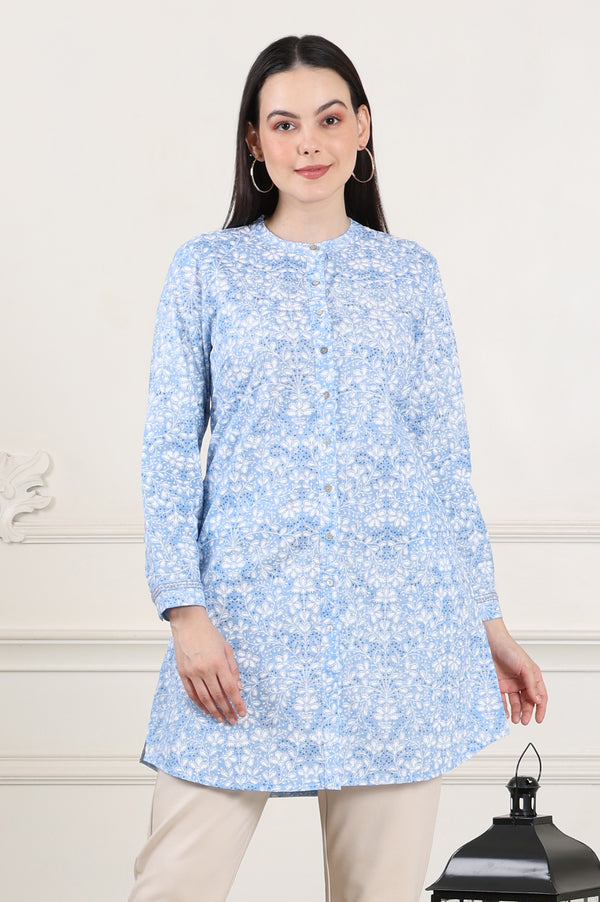 Blue Floral Printed Mandarin Collar Pure Cotton Tunic