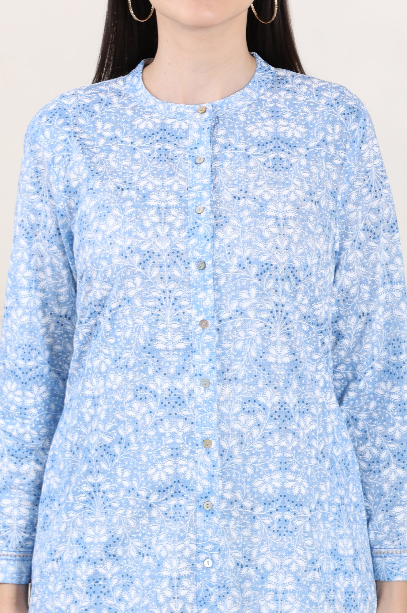 Blue Floral Printed Mandarin Collar Pure Cotton Tunic