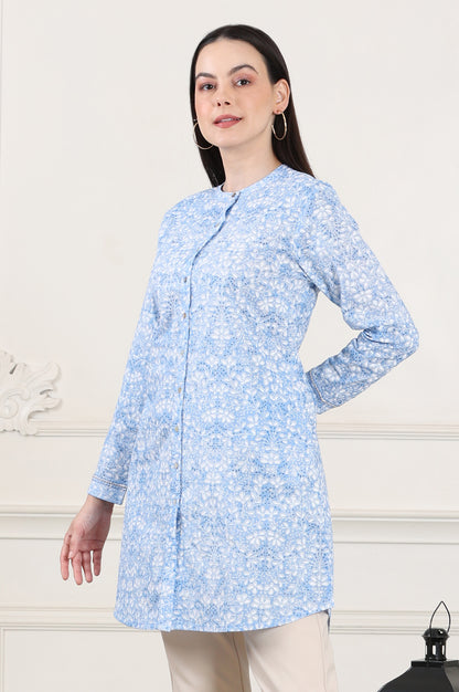 Blue Floral Printed Mandarin Collar Pure Cotton Tunic