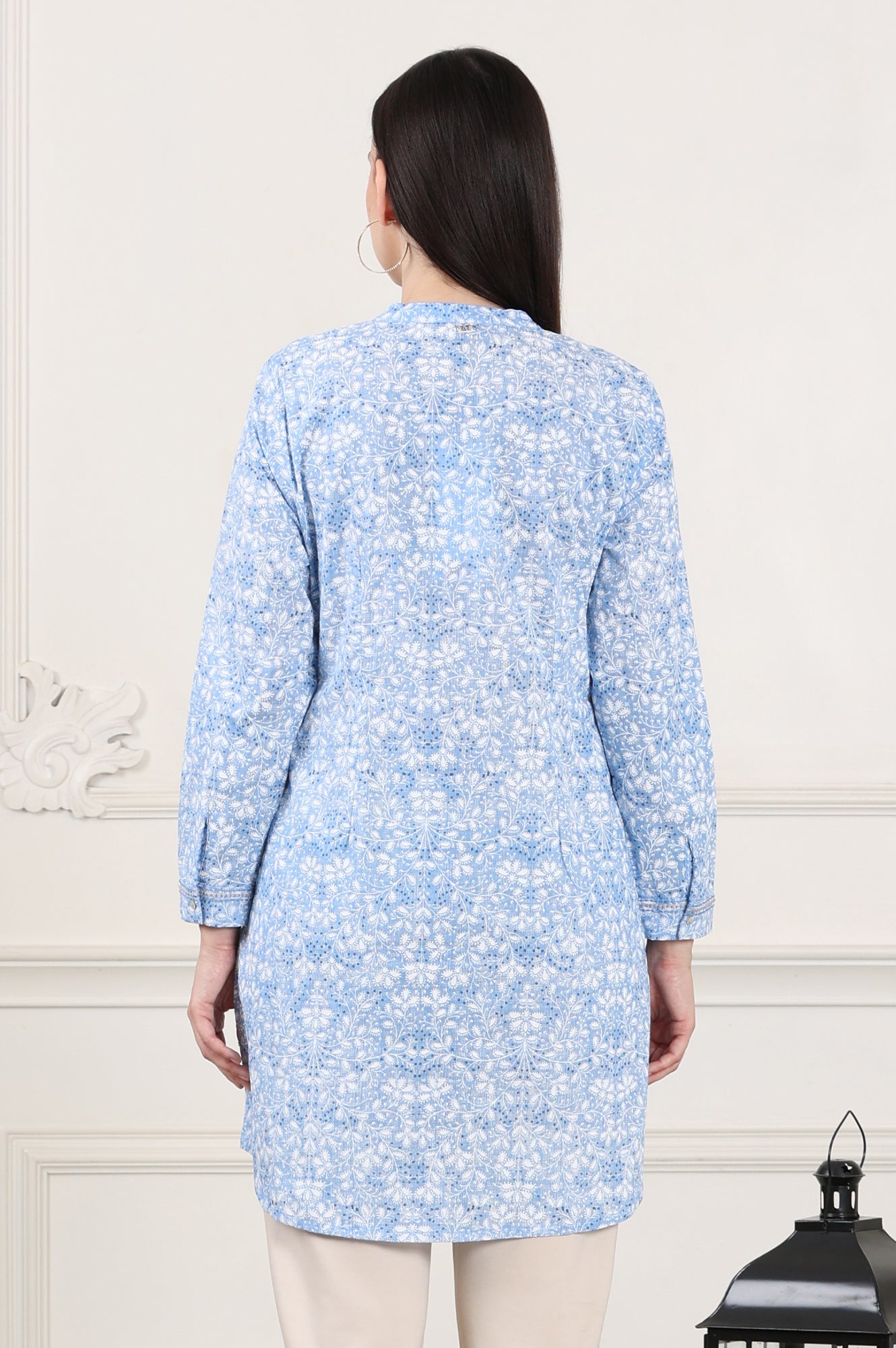 Blue Floral Printed Mandarin Collar Pure Cotton Tunic