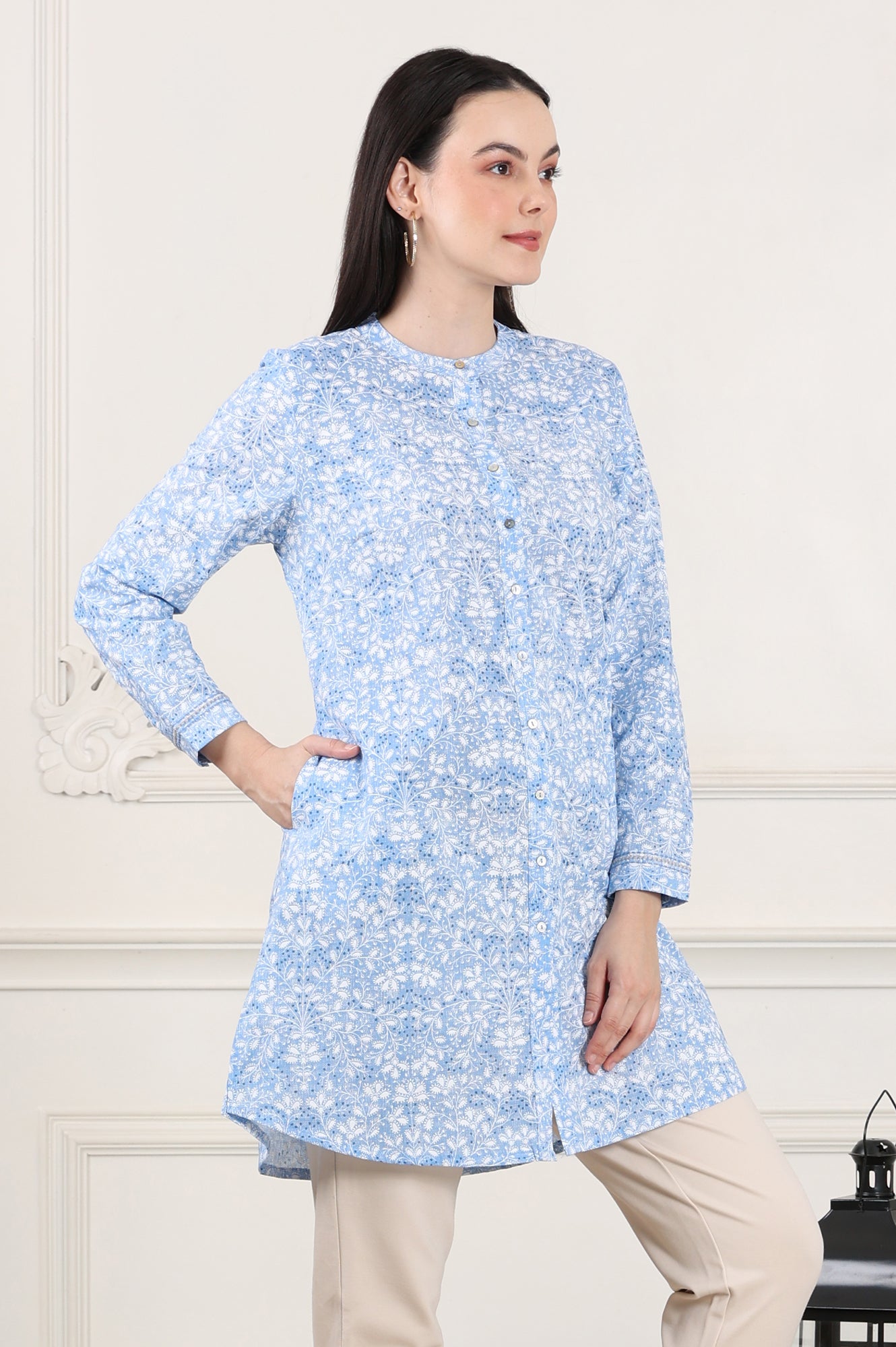 Blue Floral Printed Mandarin Collar Pure Cotton Tunic