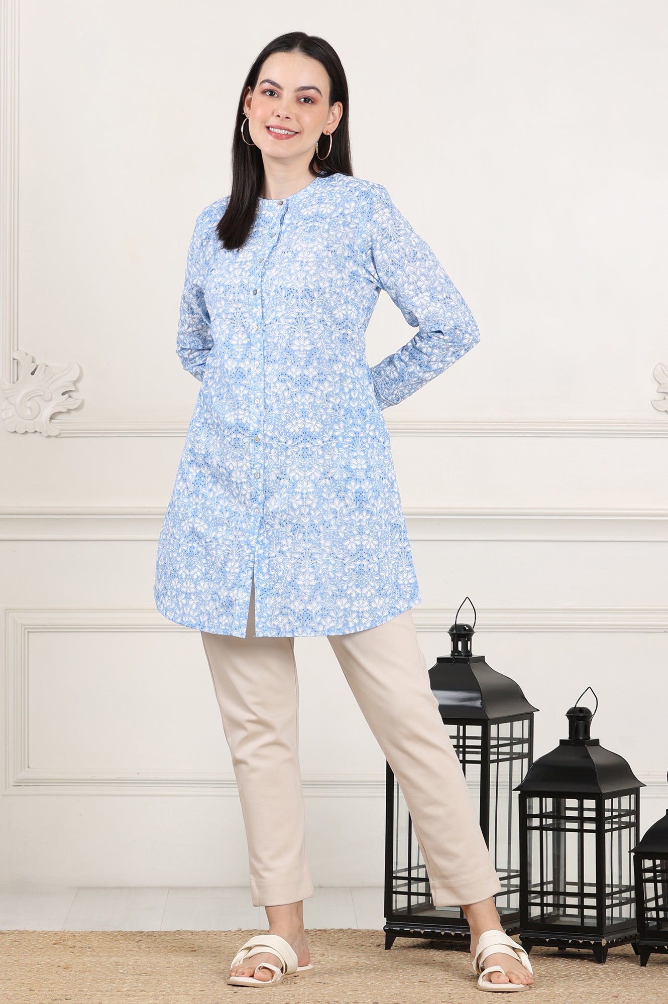 Blue Floral Printed Mandarin Collar Pure Cotton Tunic