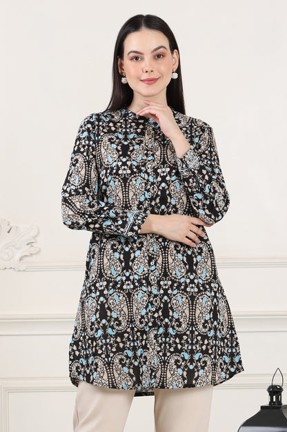 Black Floral Printed Pure Cotton Shirt Collar Tunic