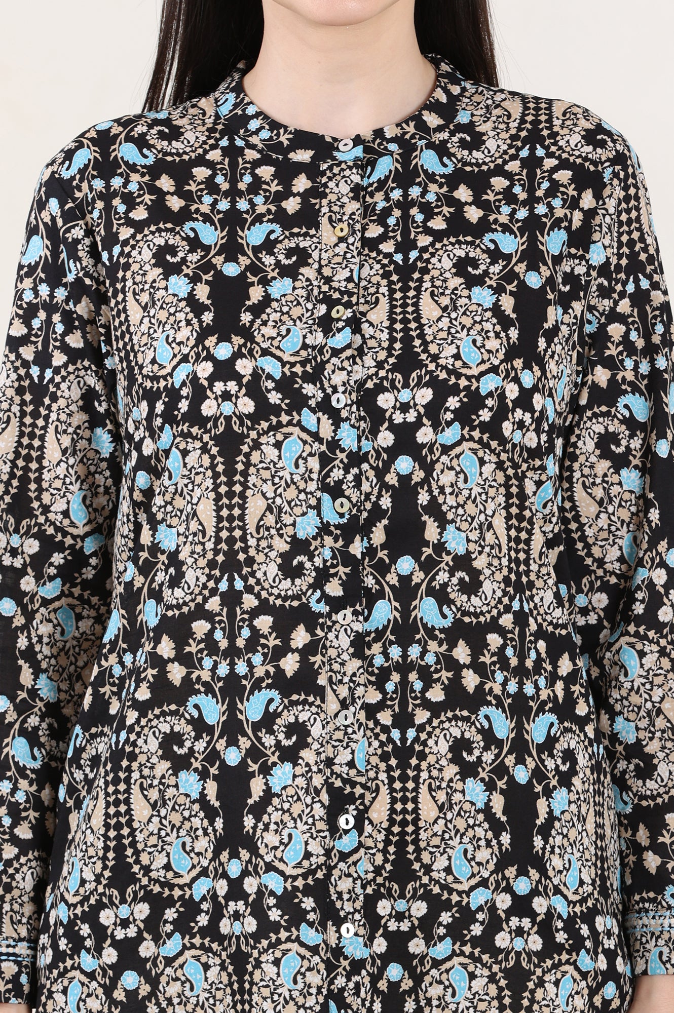 Black Floral Printed Pure Cotton Shirt Collar Tunic