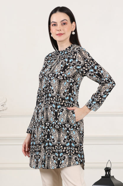 Black Floral Printed Pure Cotton Shirt Collar Tunic