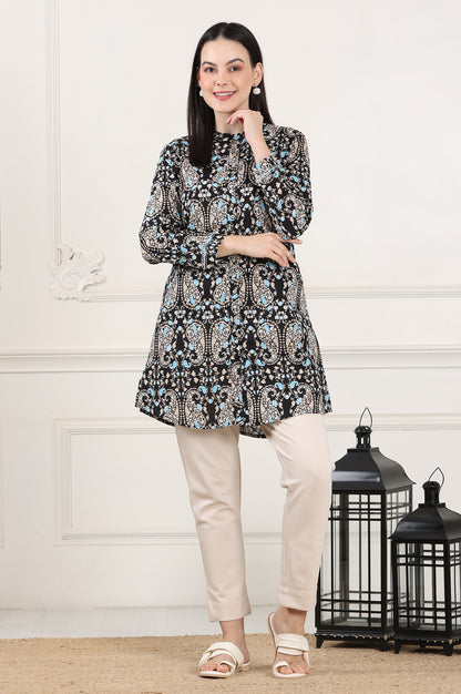 Black Floral Printed Pure Cotton Shirt Collar Tunic