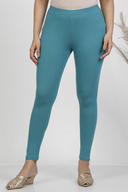 Aqua Blue Solid Mid-Rise Tights