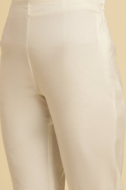 Ecru Solid Straight Pants With Embroidered Hemline