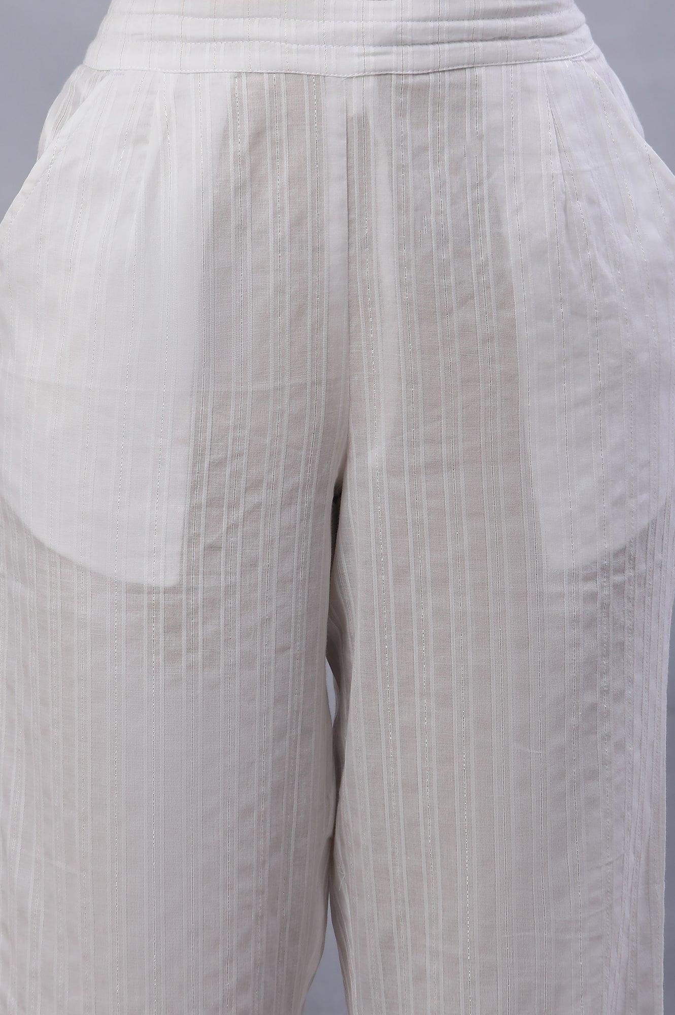 Ecru Lurex Stripes Pants With Embroidered Hemline - wforwoman
