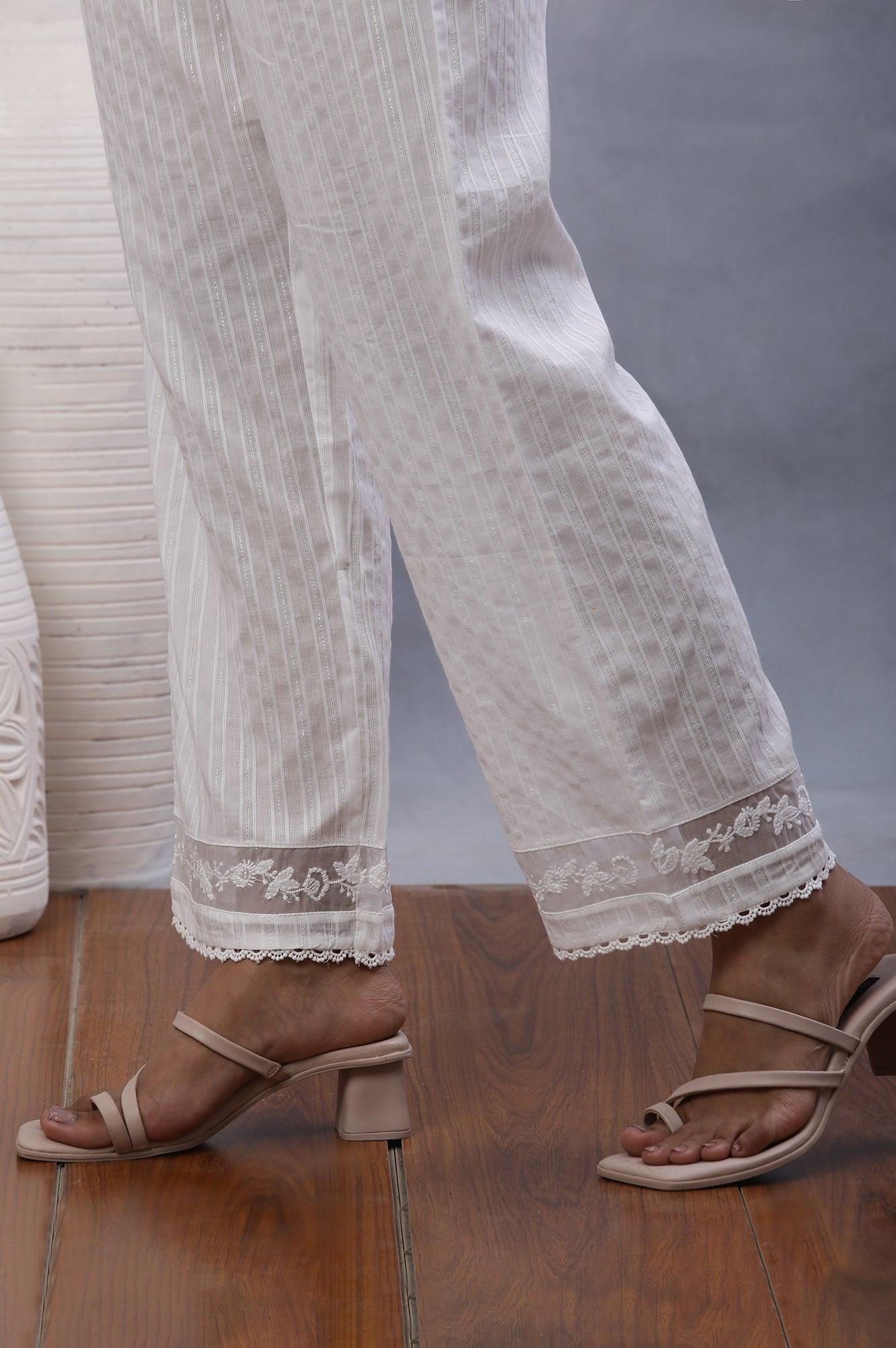 Ecru Lurex Stripes Pants With Embroidered Hemline - wforwoman