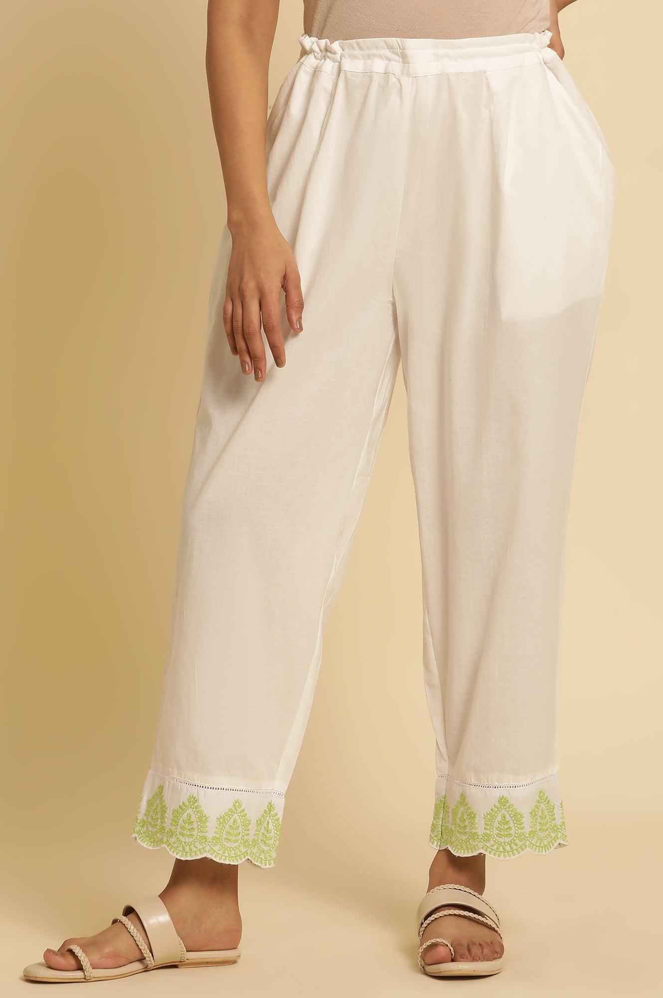 Ecru Straight Pants With Embroidered Hemline - wforwoman