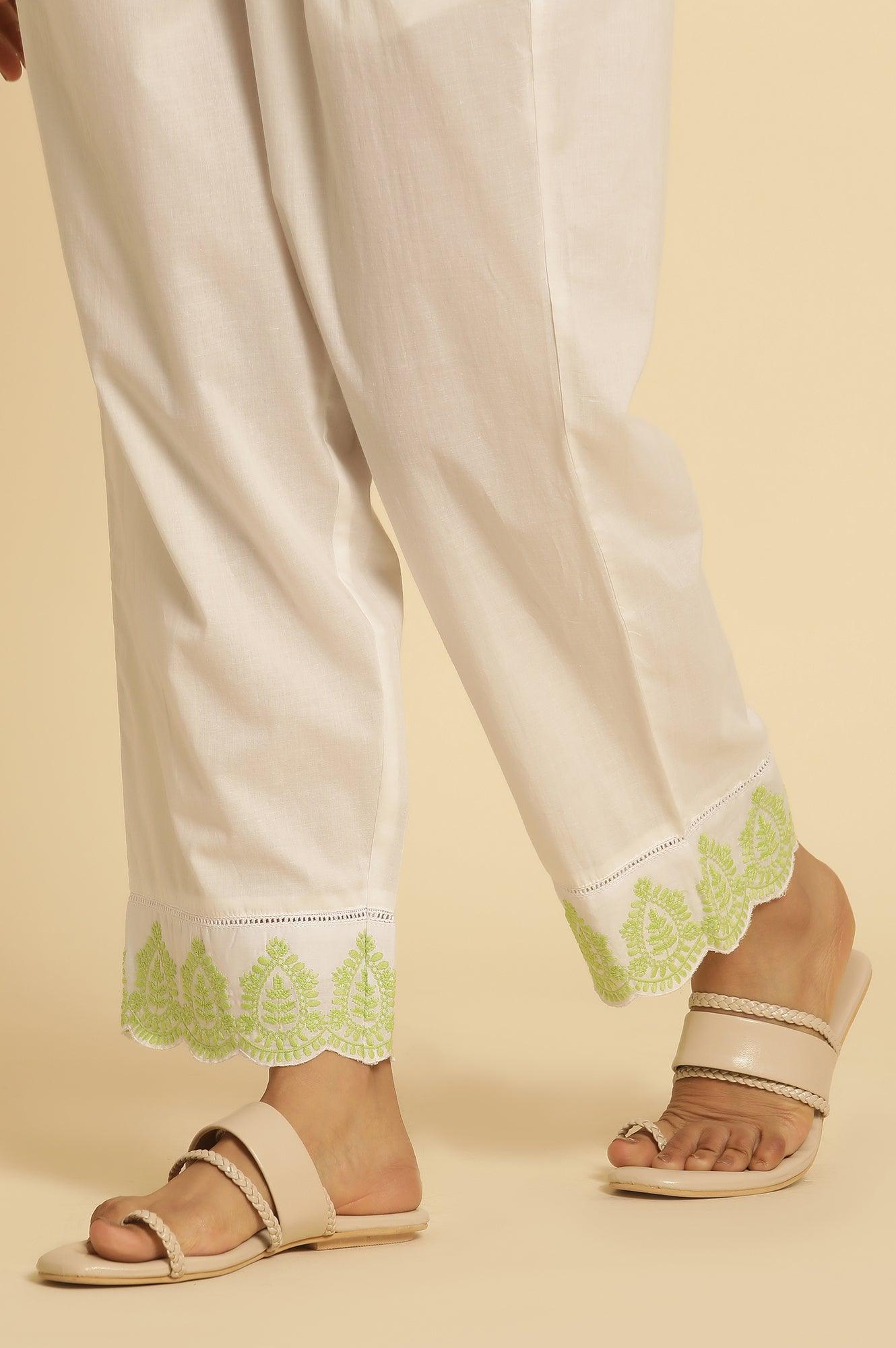Ecru Straight Pants With Embroidered Hemline - wforwoman