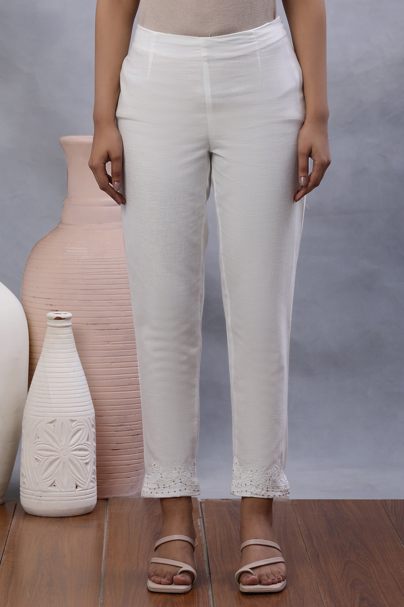 Ecru Embroidered Sim Pants