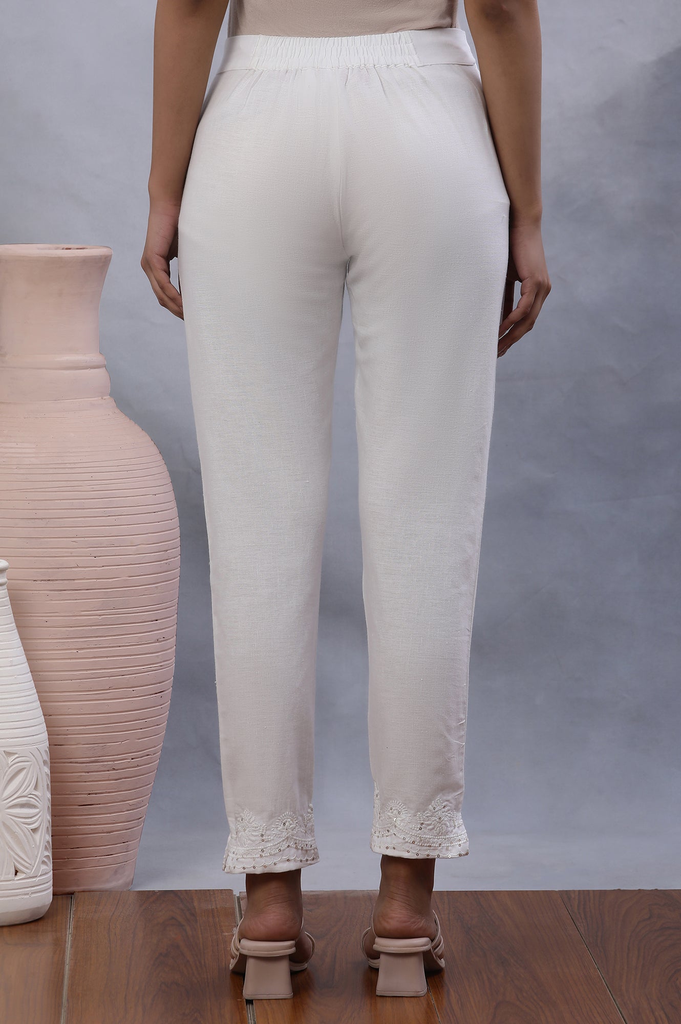 Ecru Embroidered Sim Pants