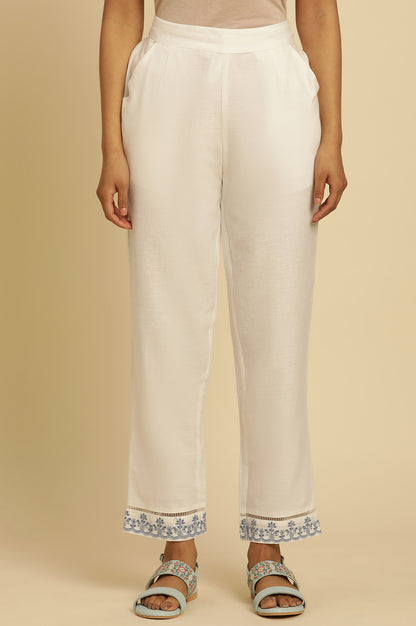 Ecru Solid Straight Pants With Embroidered Hemline