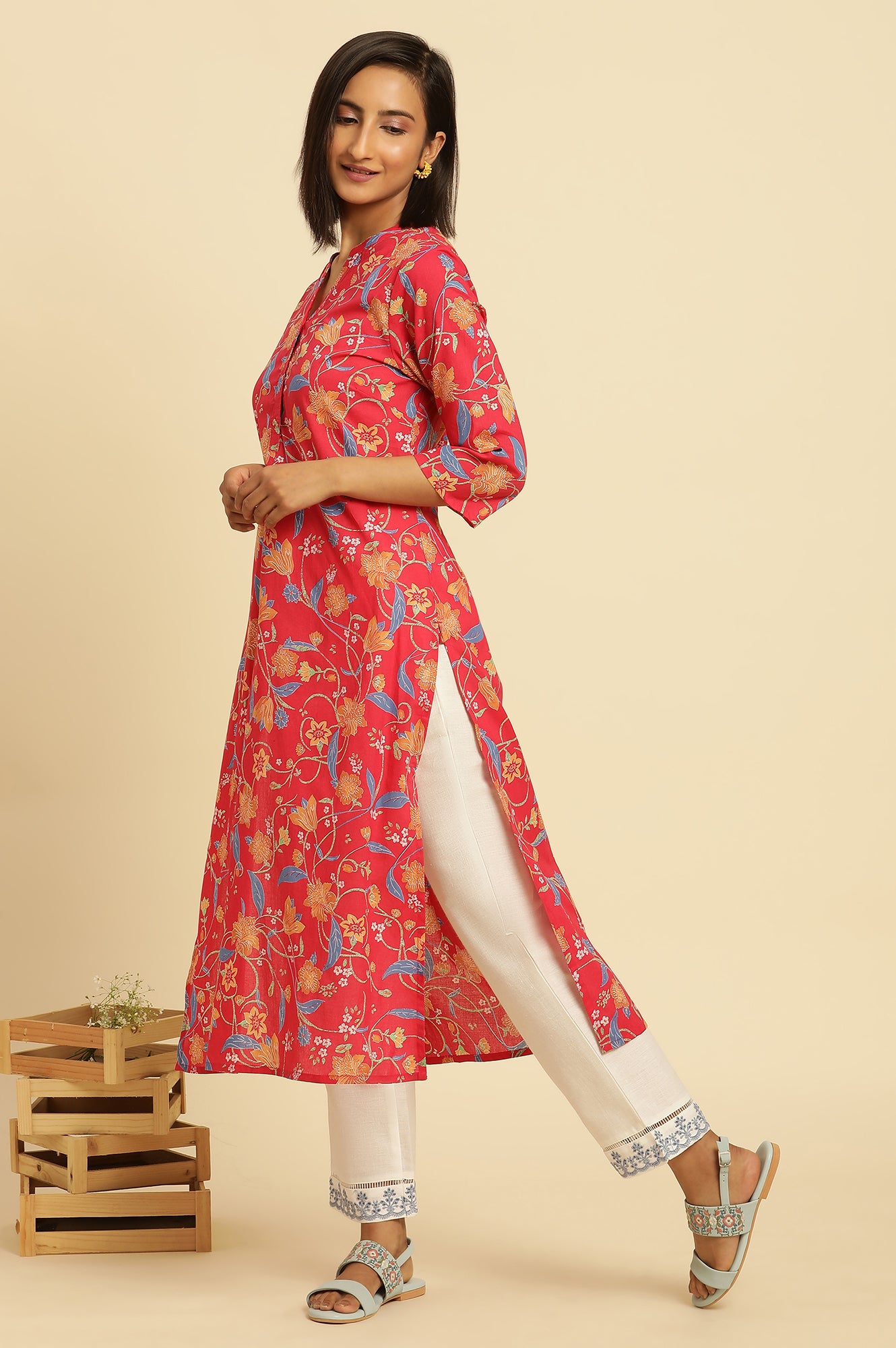 Ecru Solid Straight Pants With Embroidered Hemline