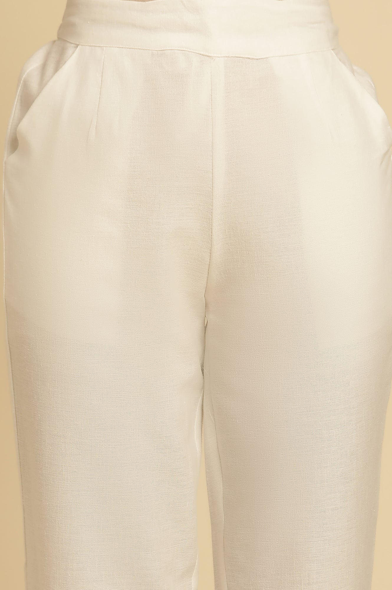 Ecru Solid Straight Pants With Embroidered Hemline