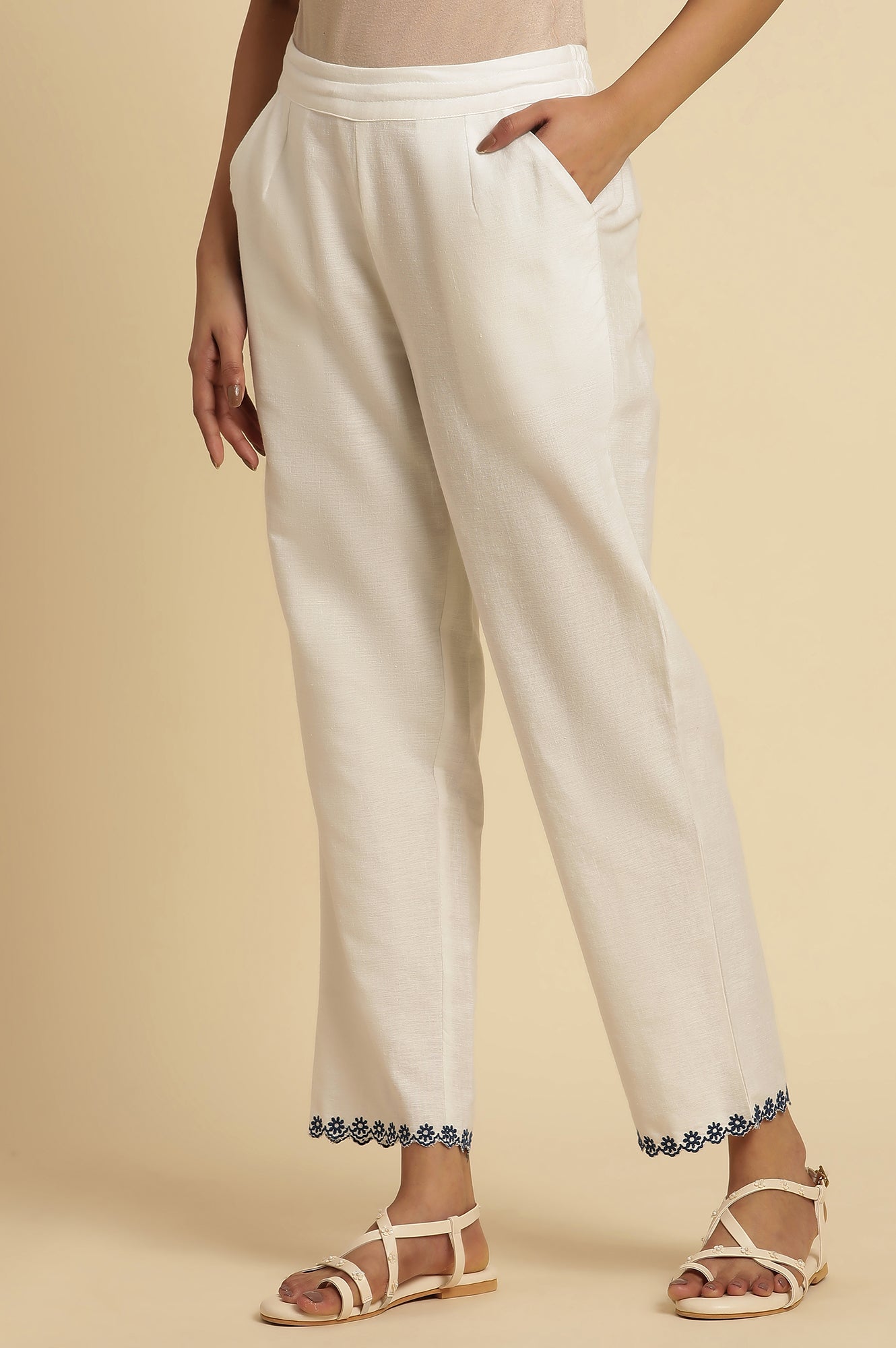White Straight Pants With Embroidered Hemline