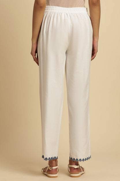 White Straight Pants With Embroidered Hemline