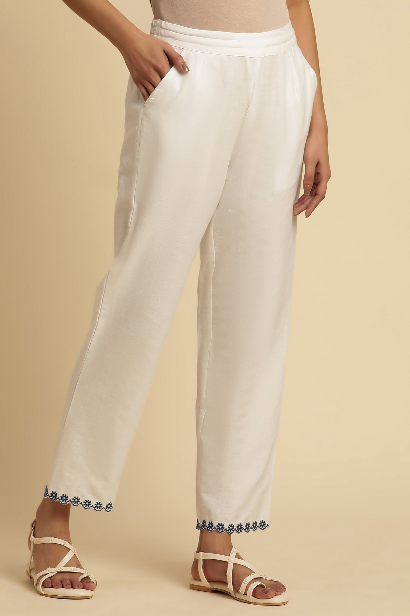 White Straight Pants With Embroidered Hemline