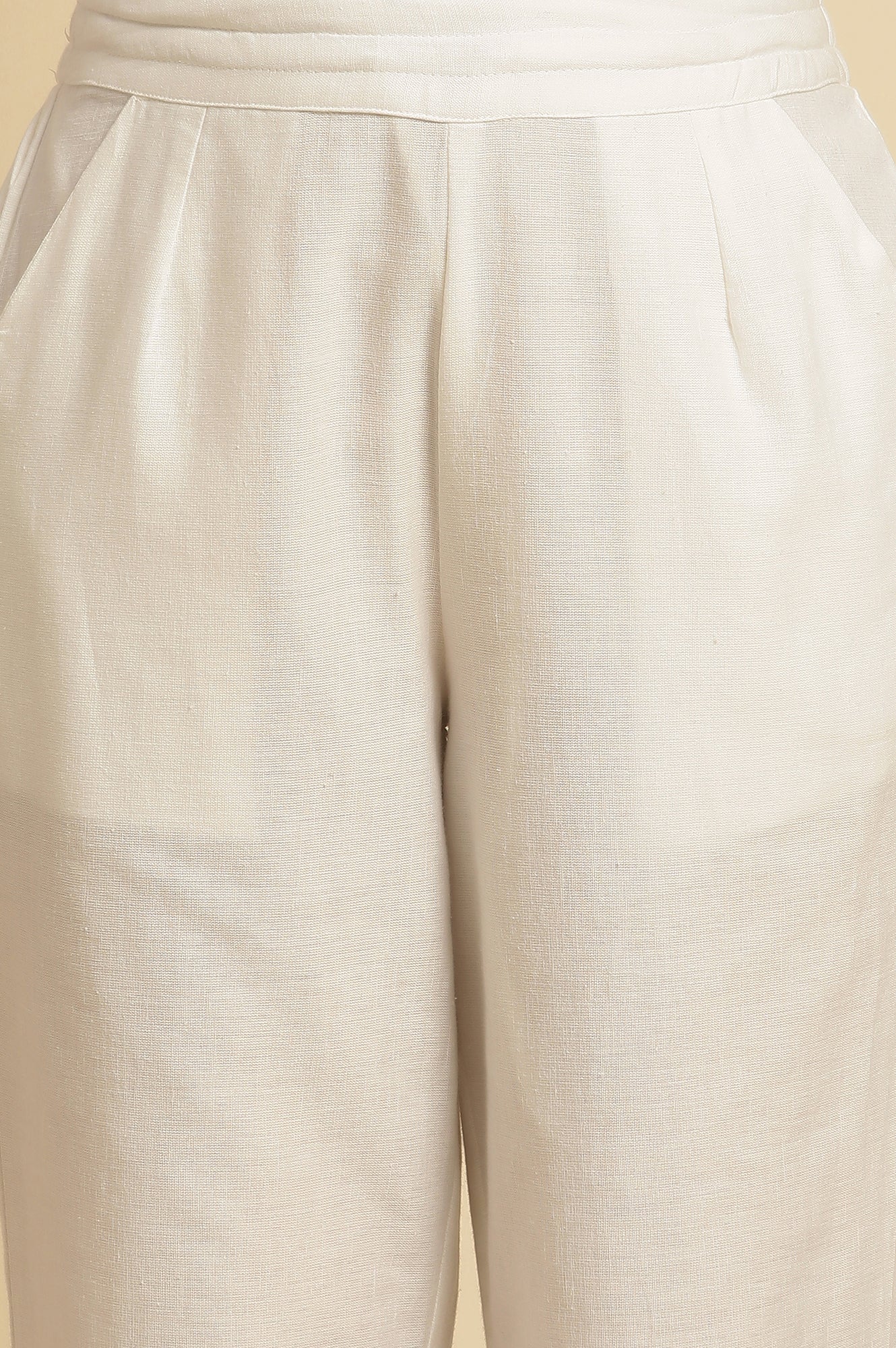 White Straight Pants With Embroidered Hemline