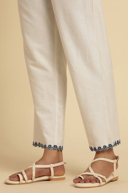 White Straight Pants With Embroidered Hemline