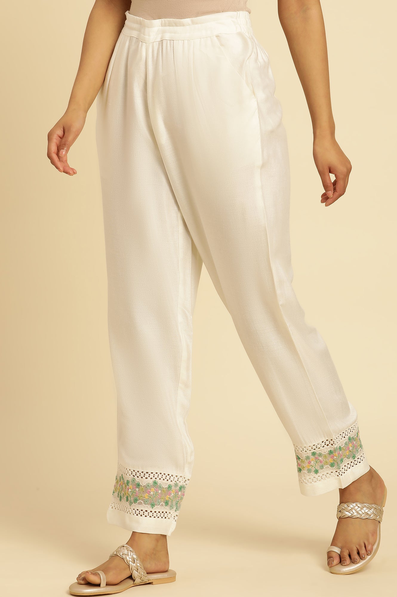 White Straight Pants With Embroidered Hemline