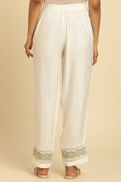 White Straight Pants With Embroidered Hemline