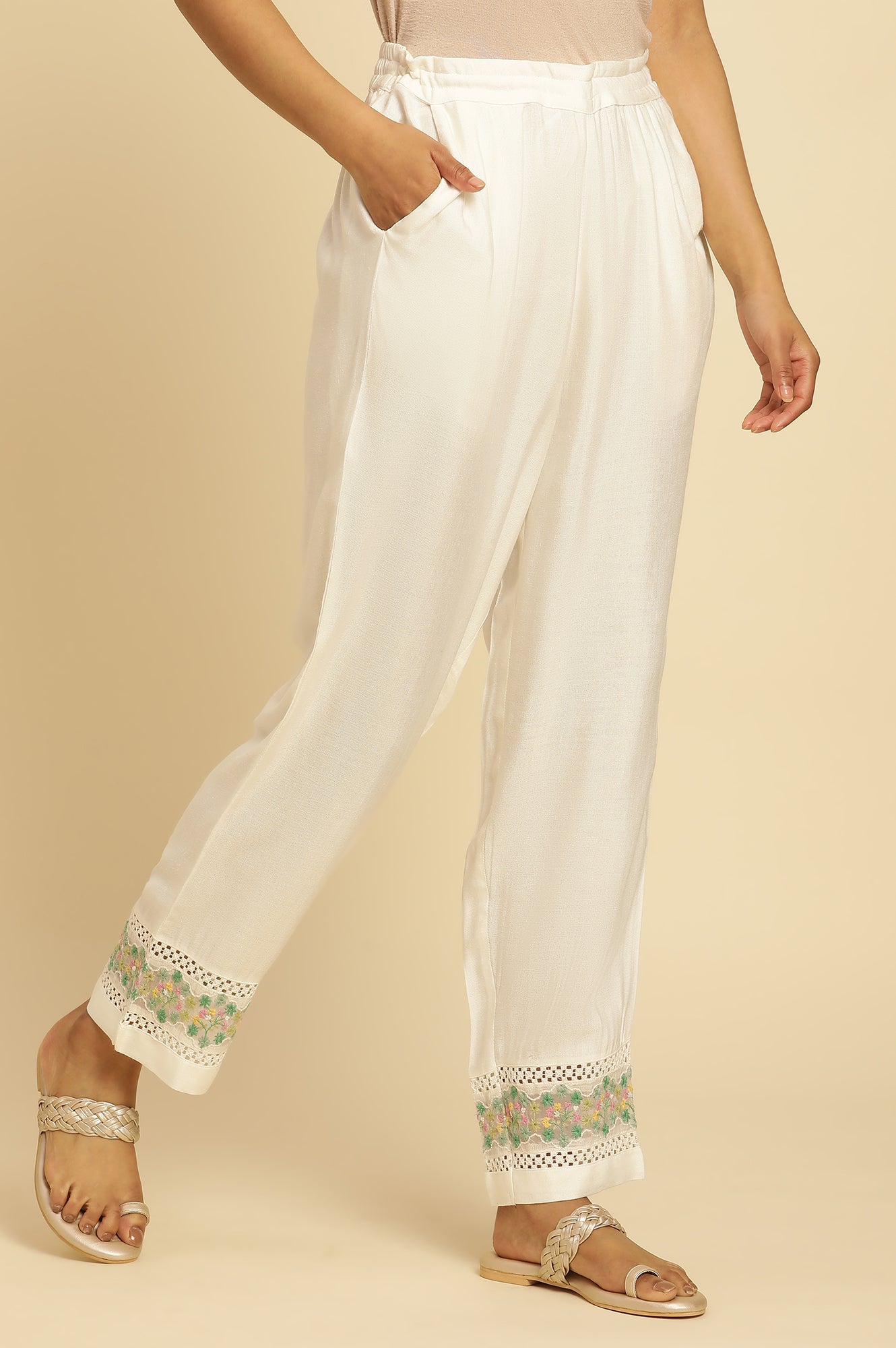 White Straight Pants With Embroidered Hemline