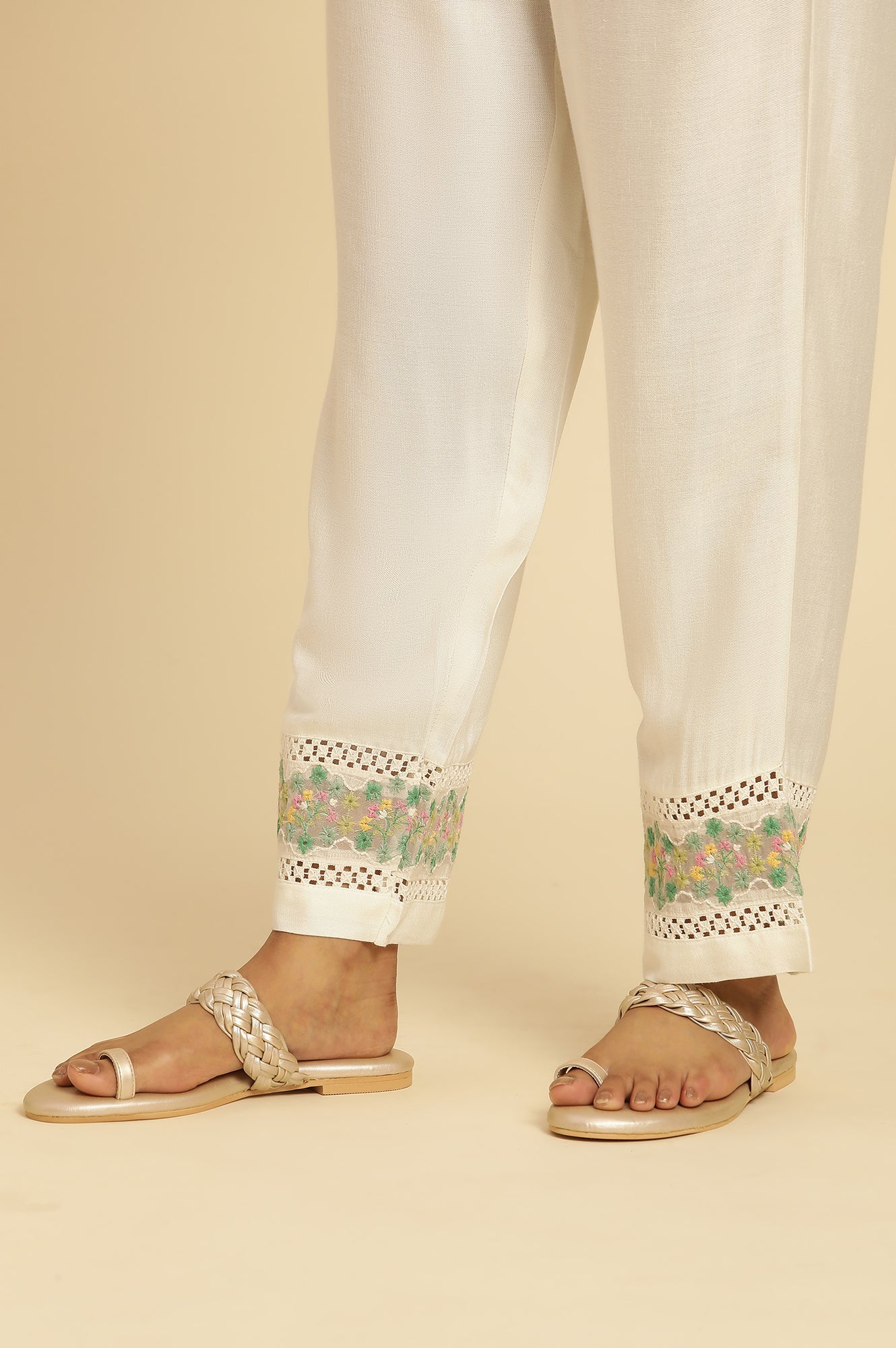 White Straight Pants With Embroidered Hemline