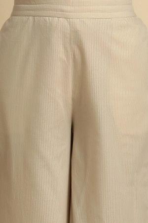Ecru Striper Pants With Thread &amp; Mirror Work - wforwoman
