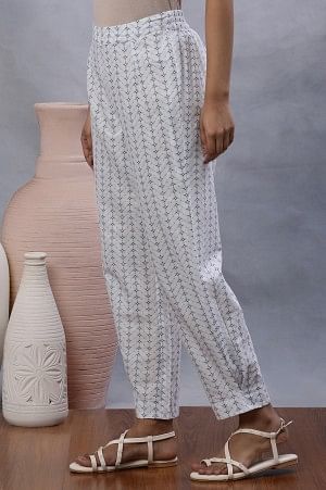 White Printed Salwar Pants With Pleats