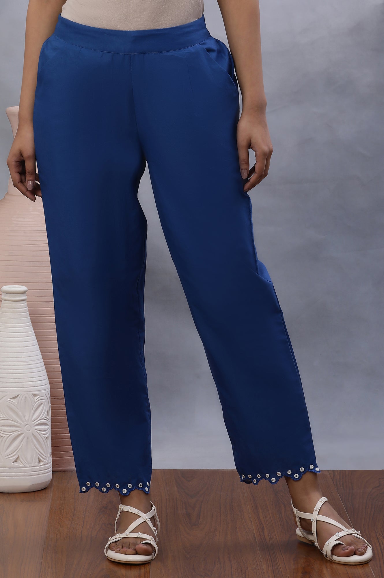 Blue Cotton Straight Pants With Mirror Hemline