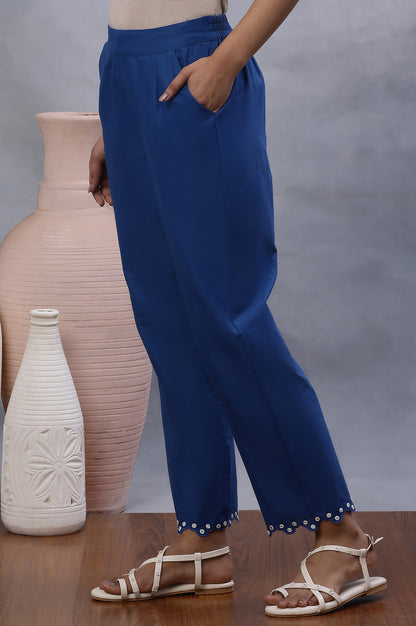 Blue Cotton Straight Pants With Mirror Hemline