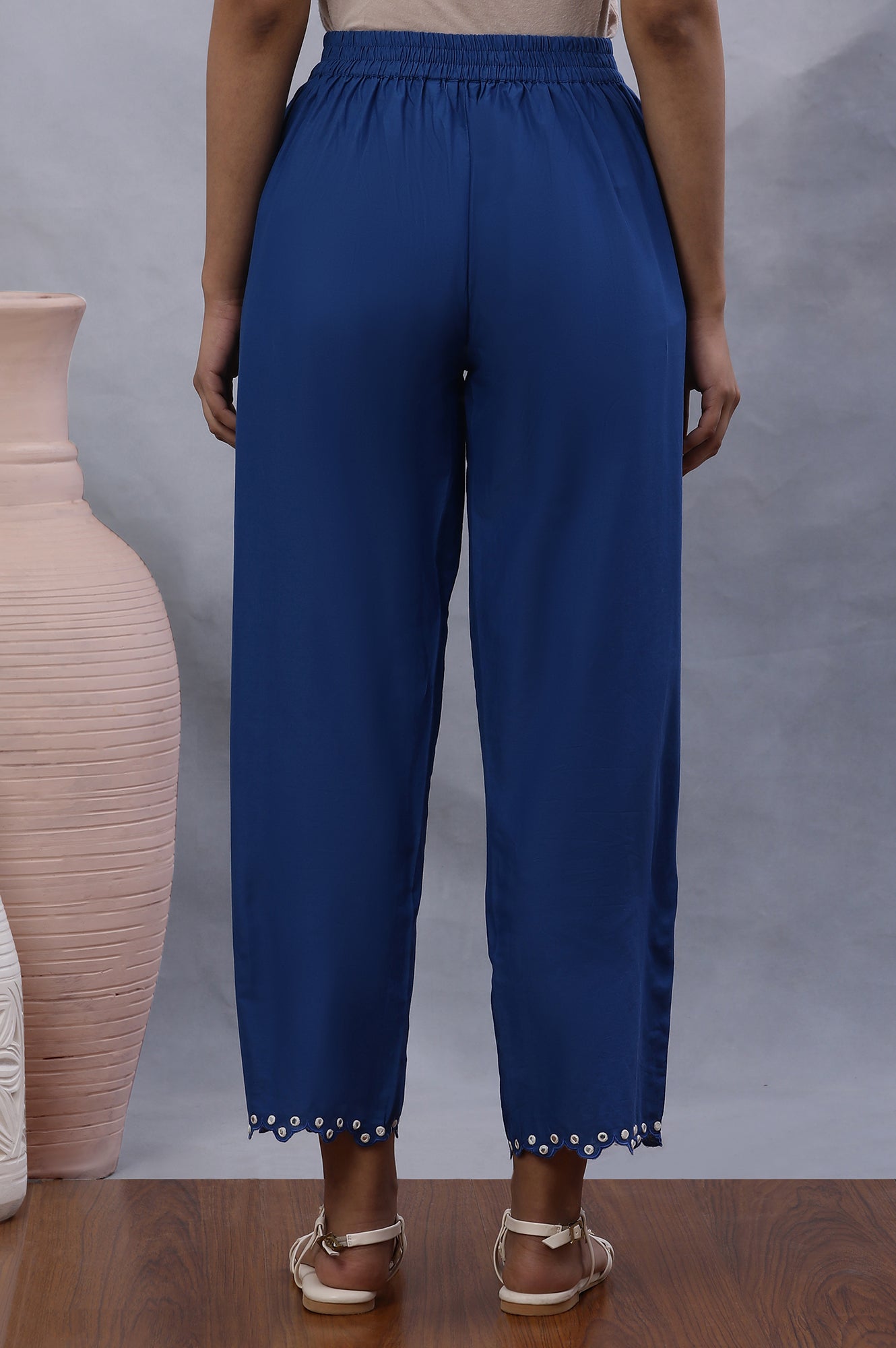 Blue Cotton Straight Pants With Mirror Hemline