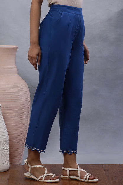 Blue Cotton Straight Pants With Mirror Hemline