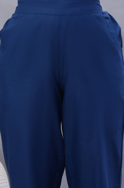 Blue Cotton Straight Pants With Mirror Hemline