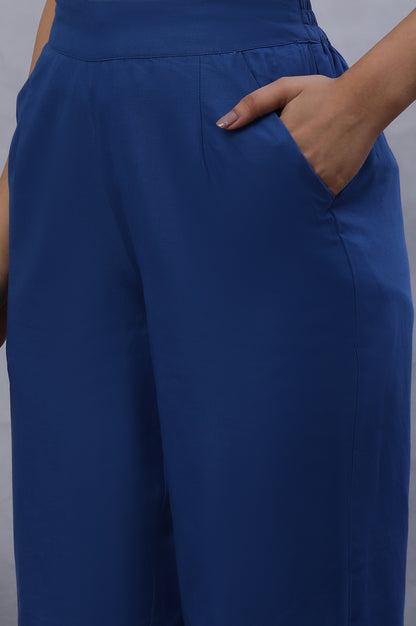 Blue Cotton Straight Pants With Mirror Hemline