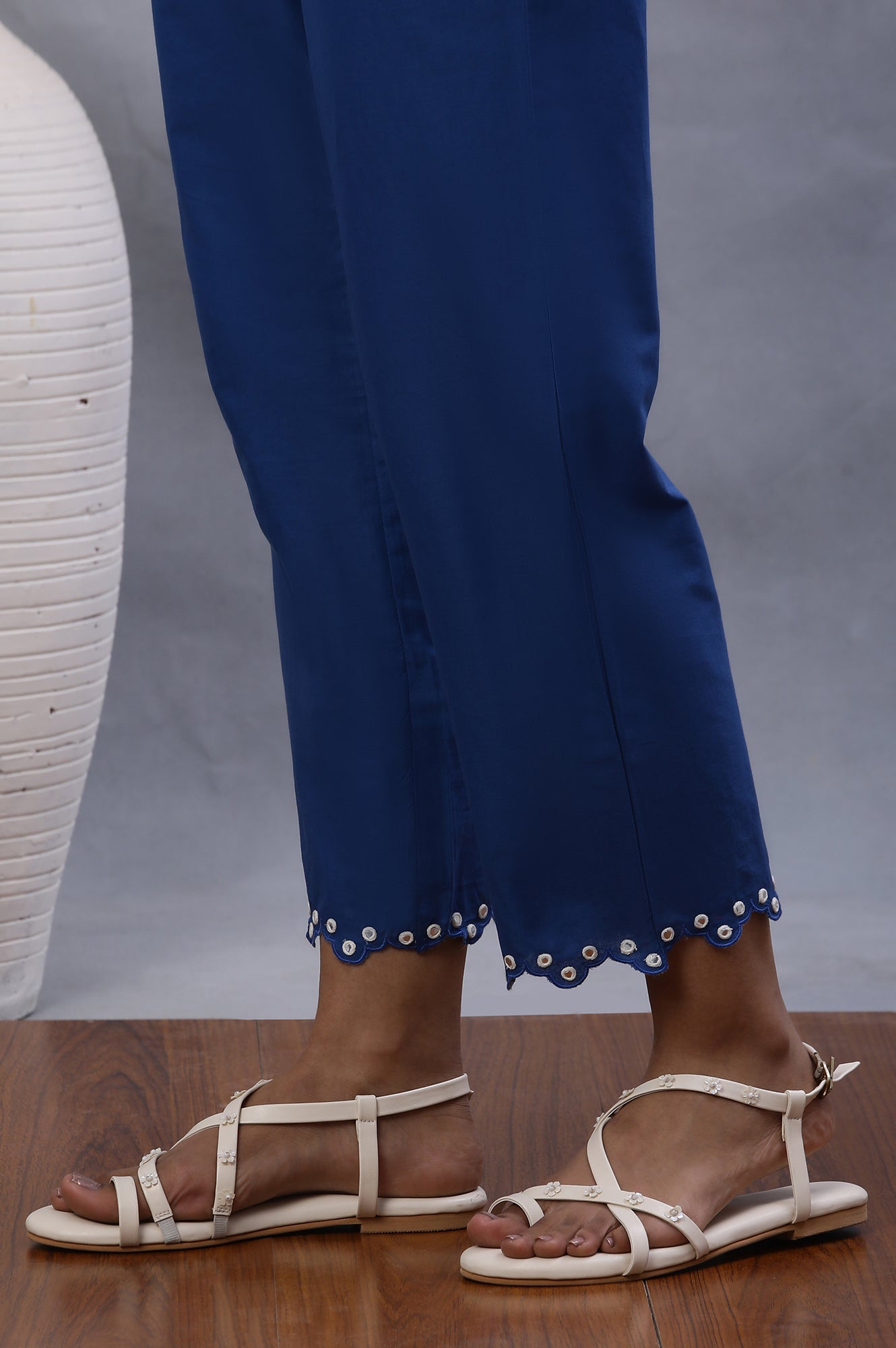 Blue Cotton Straight Pants With Mirror Hemline