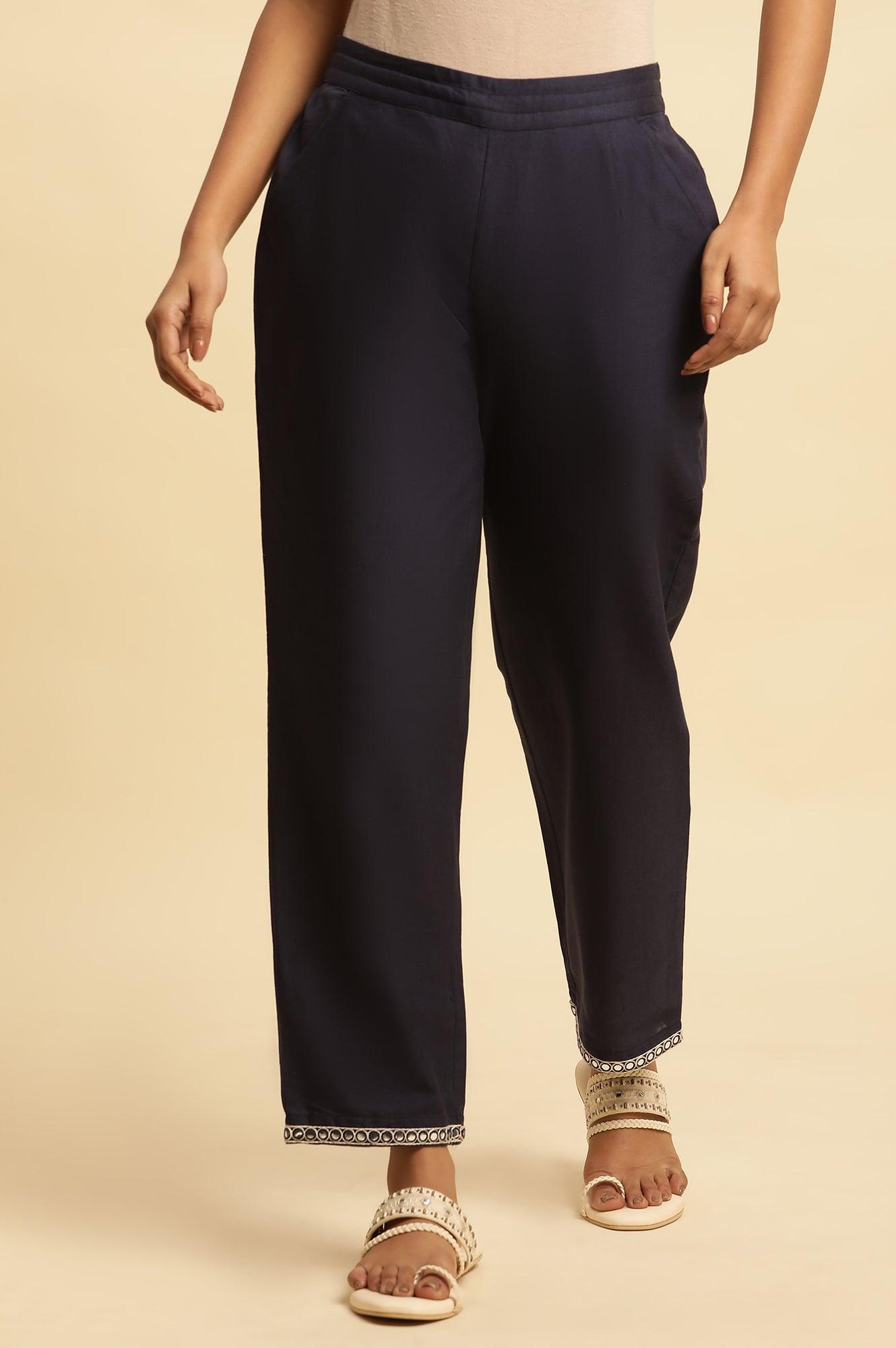 Blue Cotton Flax Straight Pants With Embroidery - wforwoman