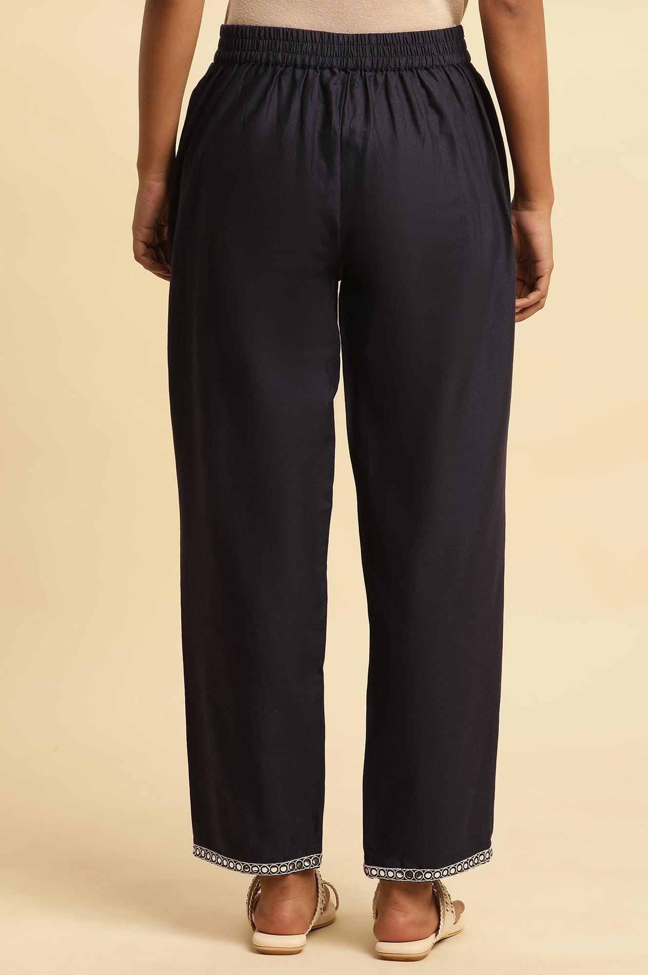 Blue Cotton Flax Straight Pants With Embroidery - wforwoman