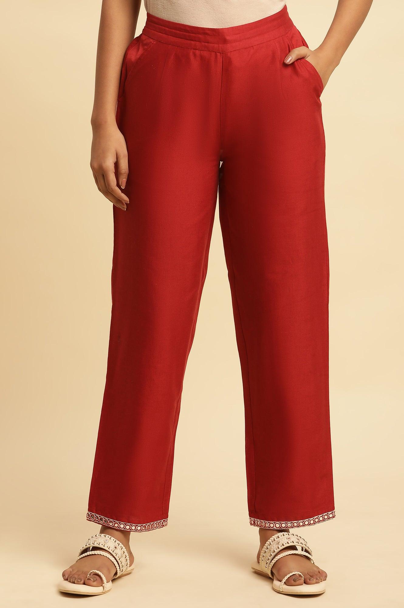 Red Cotton Flax Straight Pants With Embroidery - wforwoman