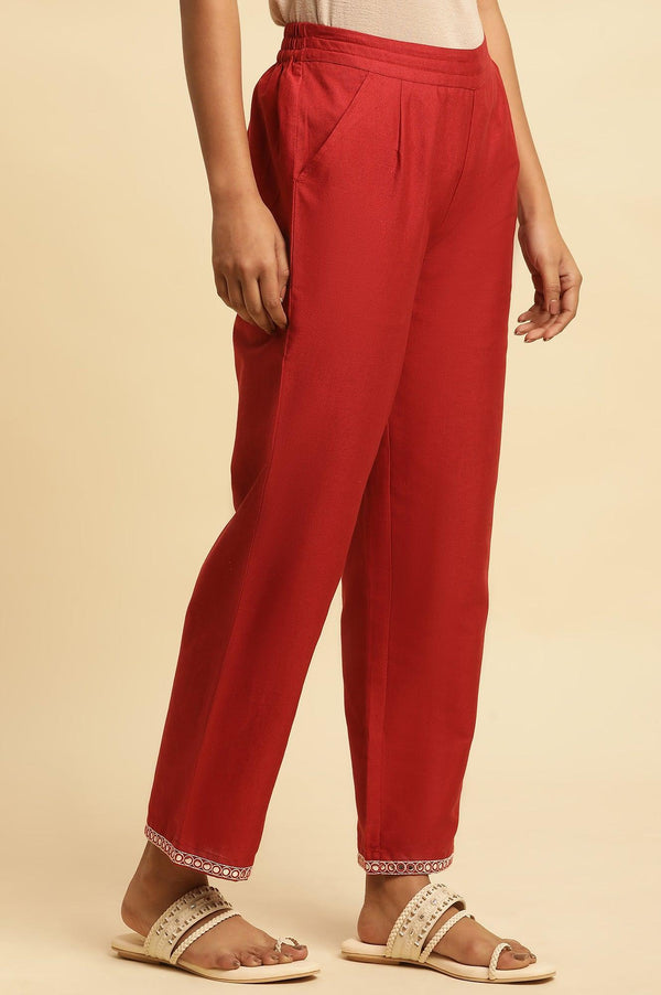 Red Cotton Flax Straight Pants With Embroidery