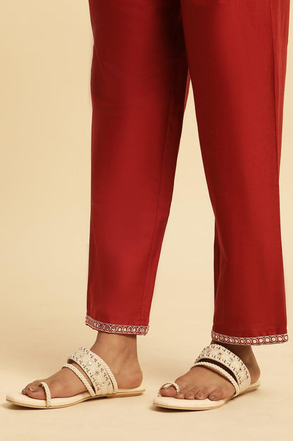 Red Cotton Flax Straight Pants With Embroidery - wforwoman